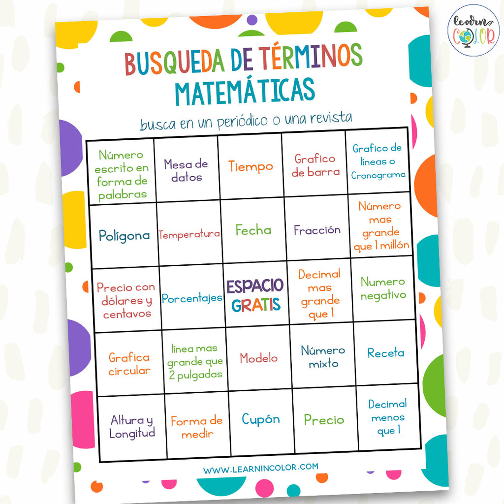 Busqueda de términos matemáticas | Math Scavenger Hunt Spanish